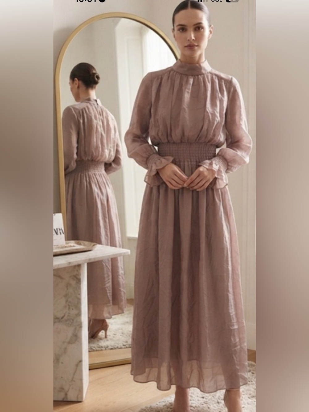 Mauve-Taupe Long Sleeve Smocked Waist Maxi Dress
